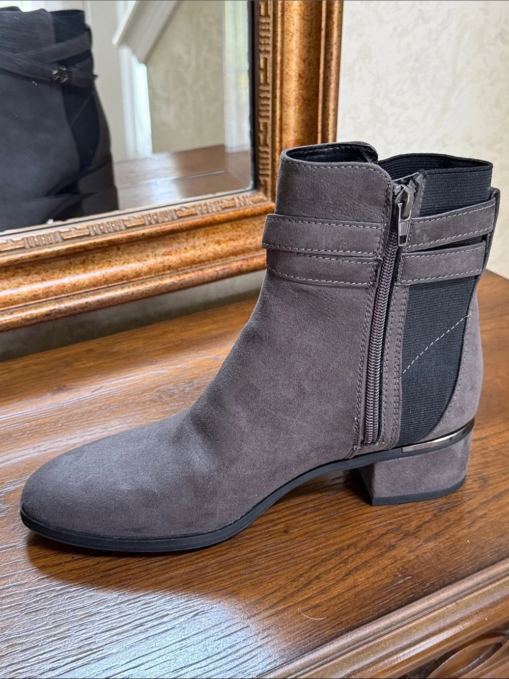 DKNY Gray Suede Ankle Booties with Logo strap accents. Size 7.